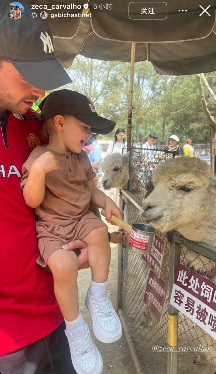 親子時光！泰山外援澤卡更新社媒，帶孩子在動物園玩耍&喂食羊駝