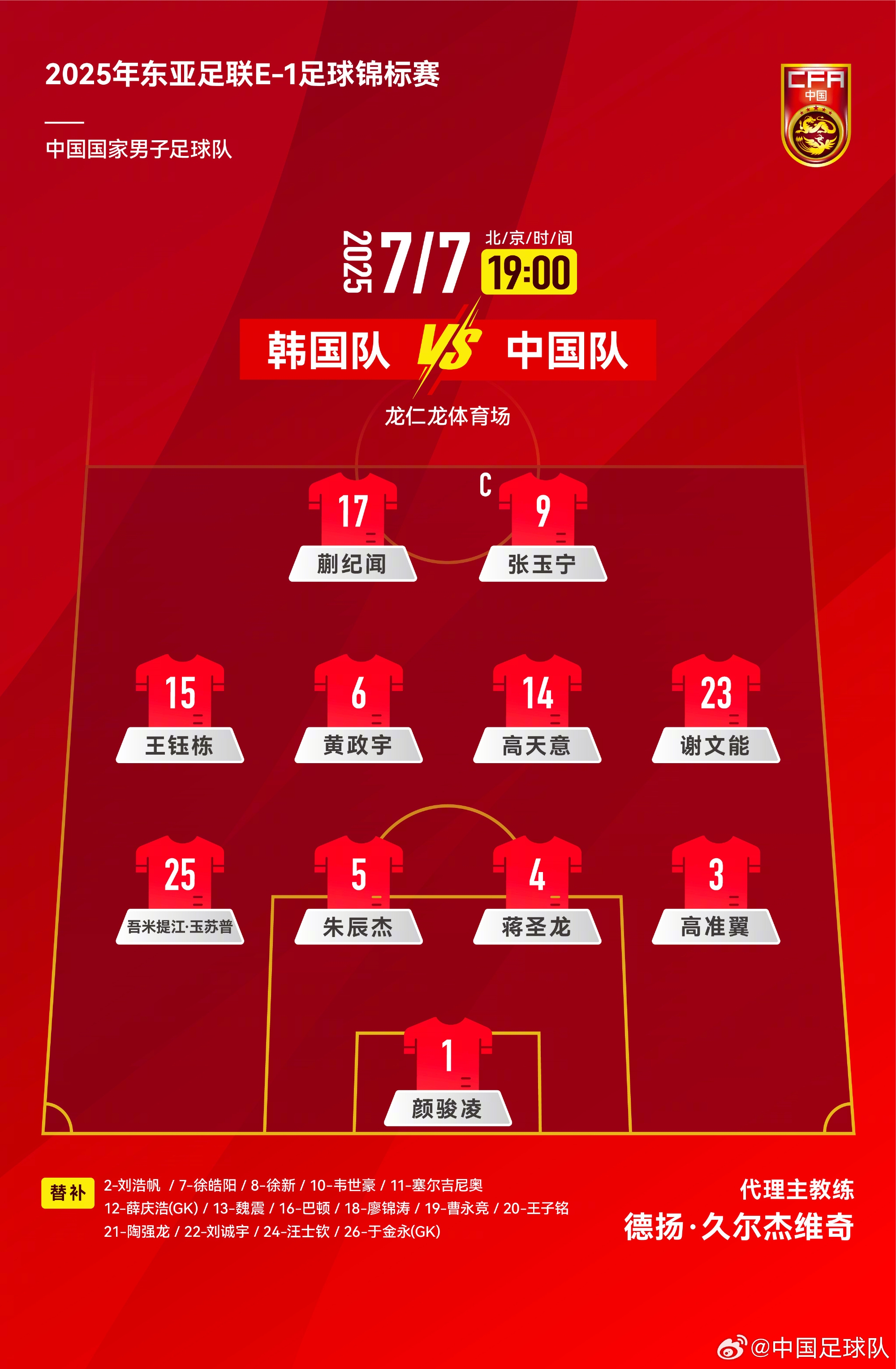 442！國足官方陣型圖：蒯紀(jì)聞張玉寧雙前鋒，黃政宇高天意雙后腰