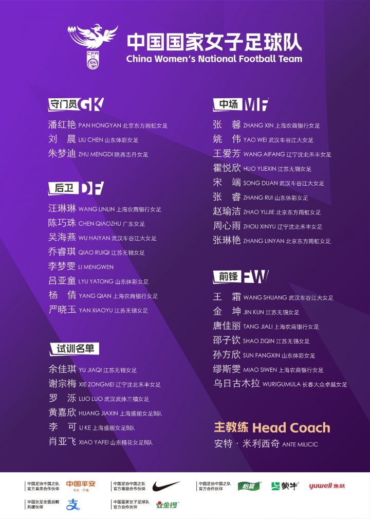 中國女足新一期名單：王霜、李夢雯、張琳艷、吳海燕、唐佳麗在列