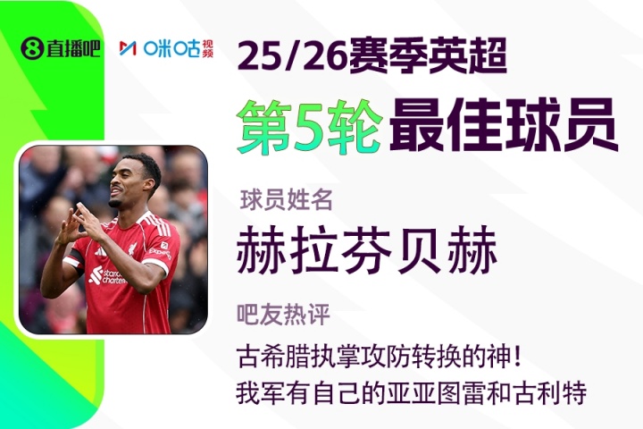 直播吧X咪咕體育|英超第5輪最佳：赫拉芬貝赫，執(zhí)掌攻防轉(zhuǎn)換的神!