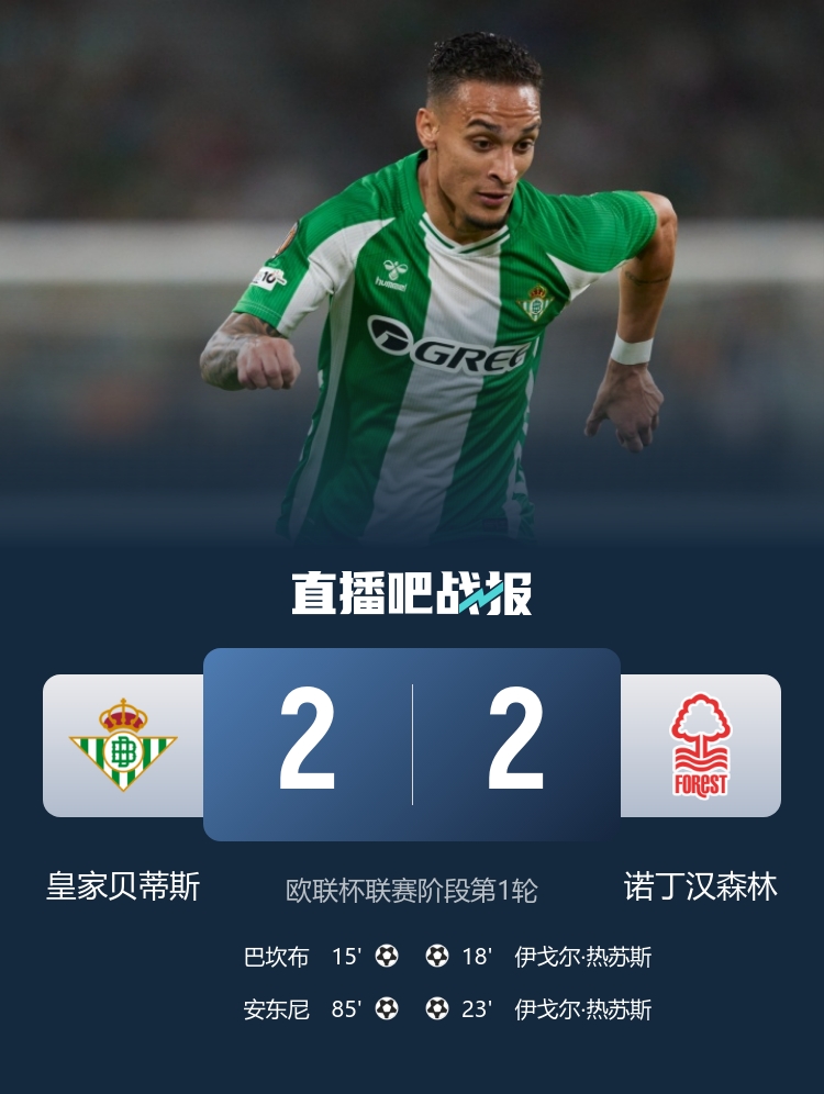 圓神傳射！貝蒂斯2-2森林 安東尼85分鐘破門(mén)絕平+助攻巴坎布建功
